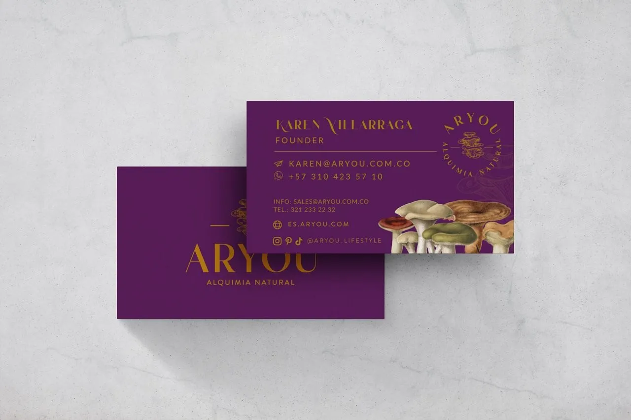 Purple business cards with mushroom illustrations