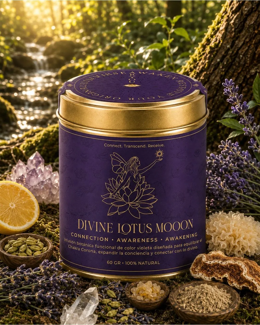 Divine Lotus Moon tin in a forest