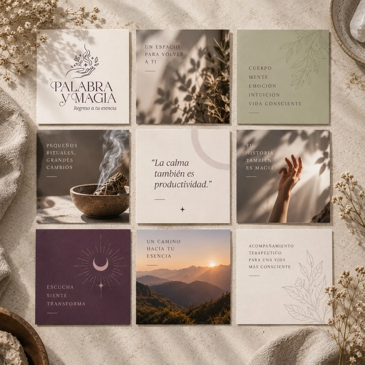 Grid of Palabra y Magia pieces with quotes, landscapes and symbols
