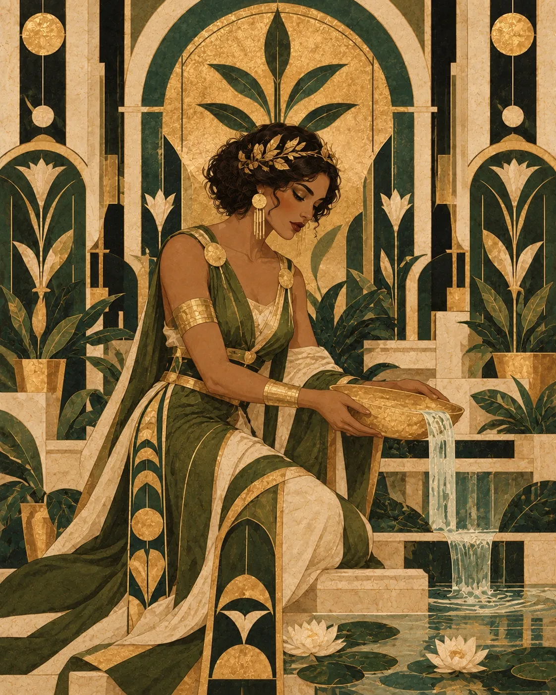 La Curandera seated by a pond, pouring water from a golden vessel, in a sage green robe surrounded by leaves