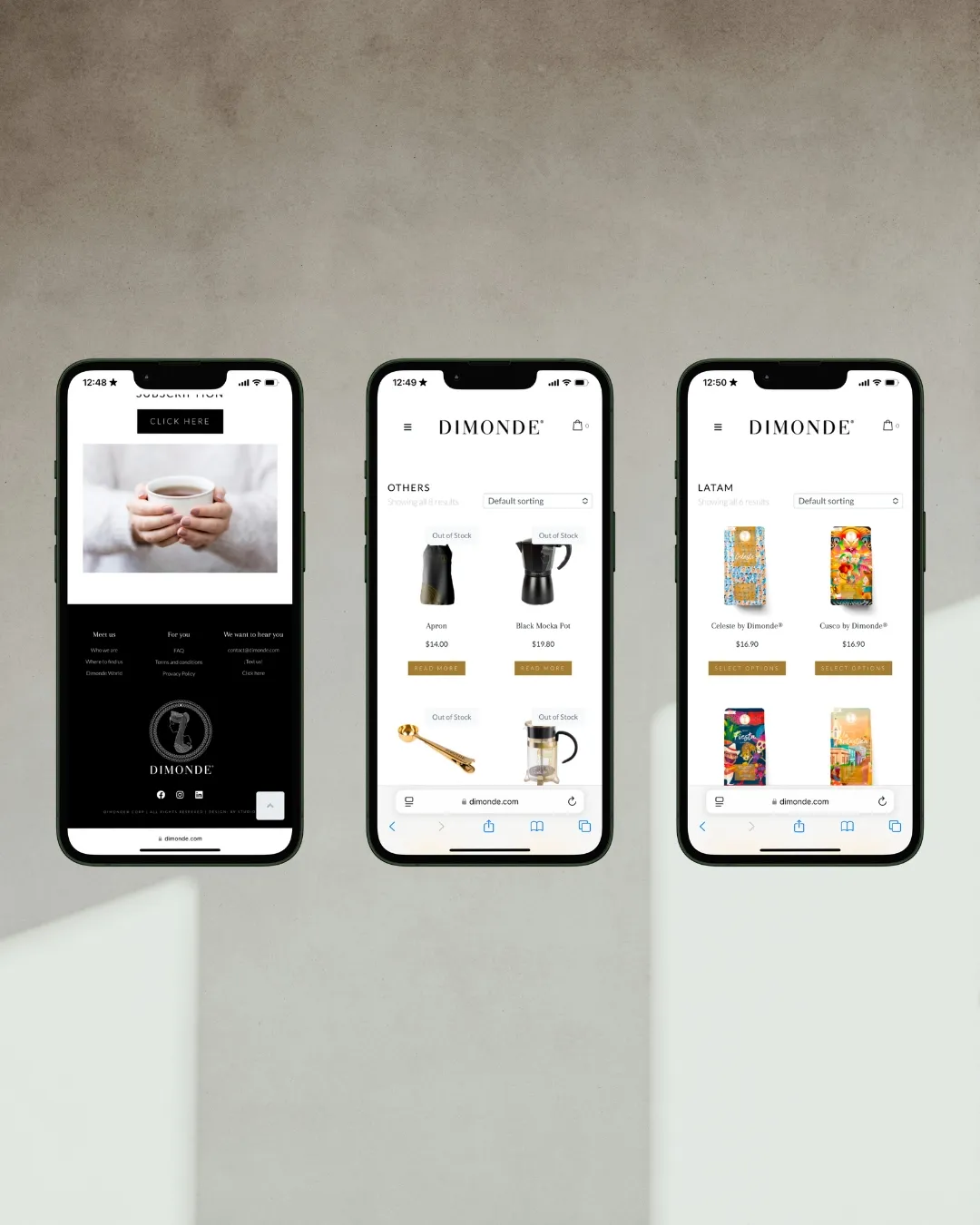 Dimonde website on three mobile screens
