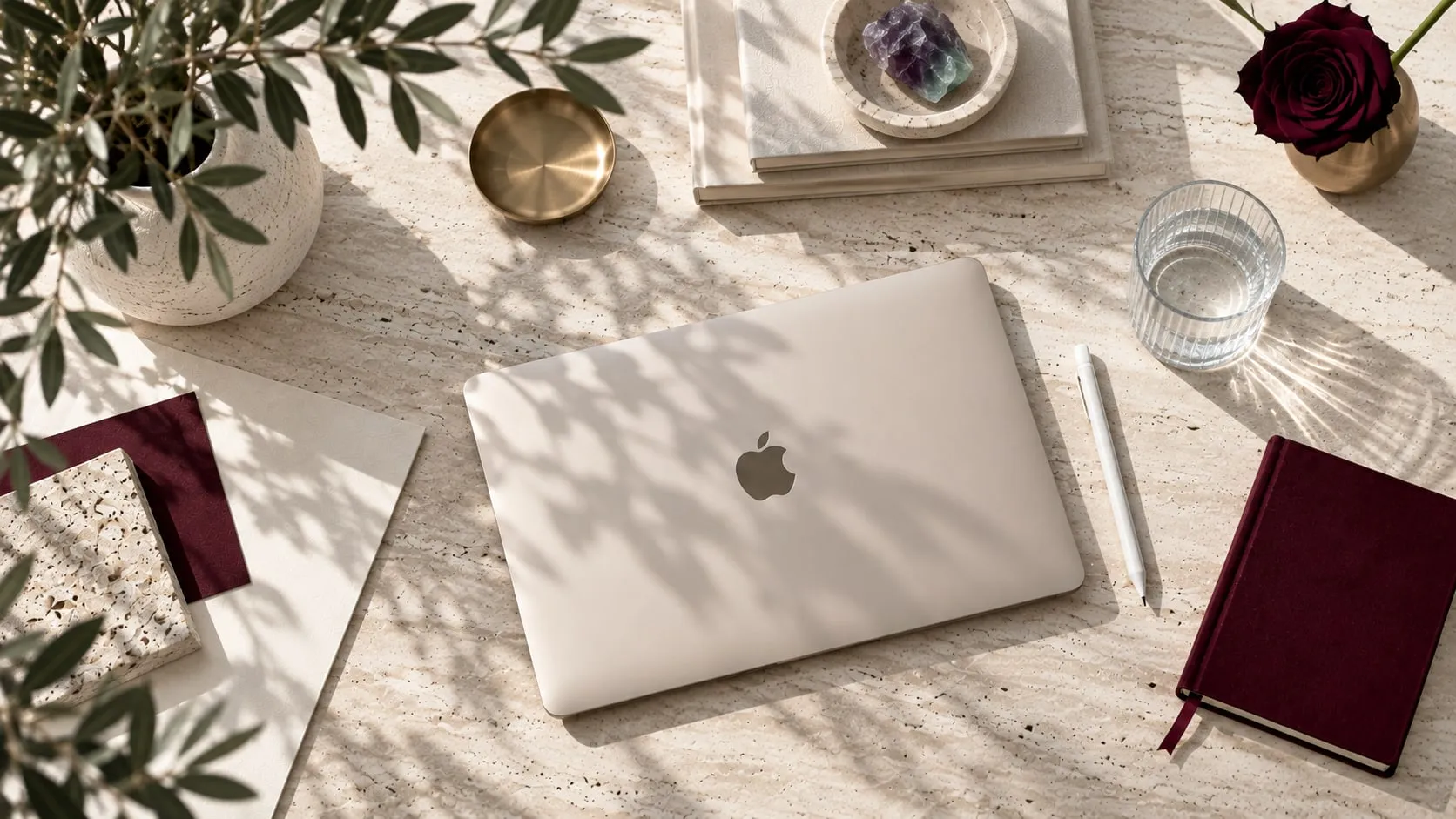 Escritorio con portátil, libreta borgoña y plantas bajo luz natural