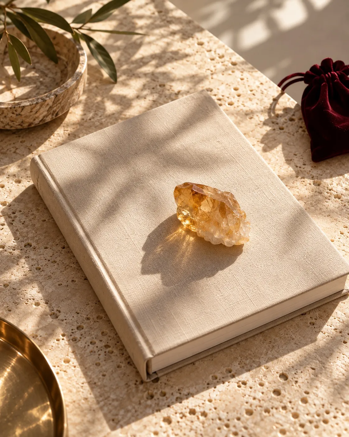Libro de lino con un cristal de citrino sobre piedra clara, bajo sombras de hojas