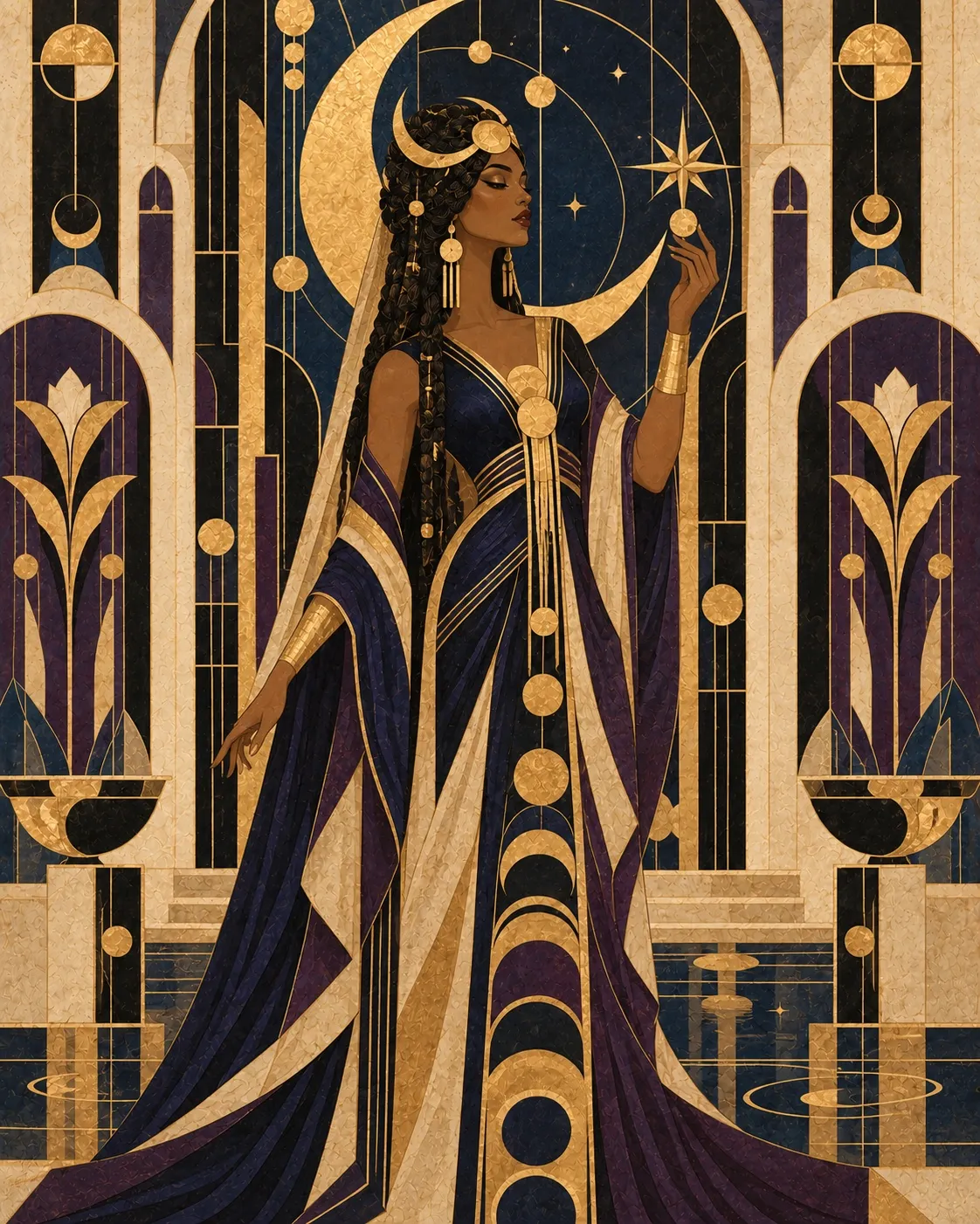La Mística standing beneath a golden moon in an indigo and purple robe, holding a star