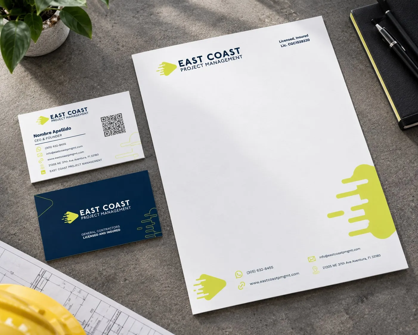 East Coast Project Management stationery with lime green accents