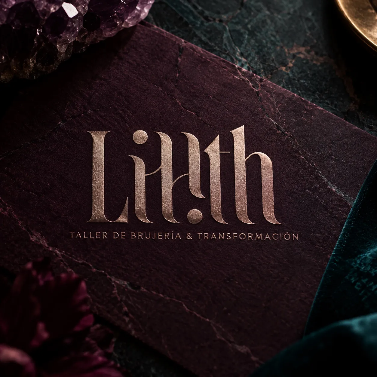 Lilith logo in gold foil on burgundy paper and dark stone
