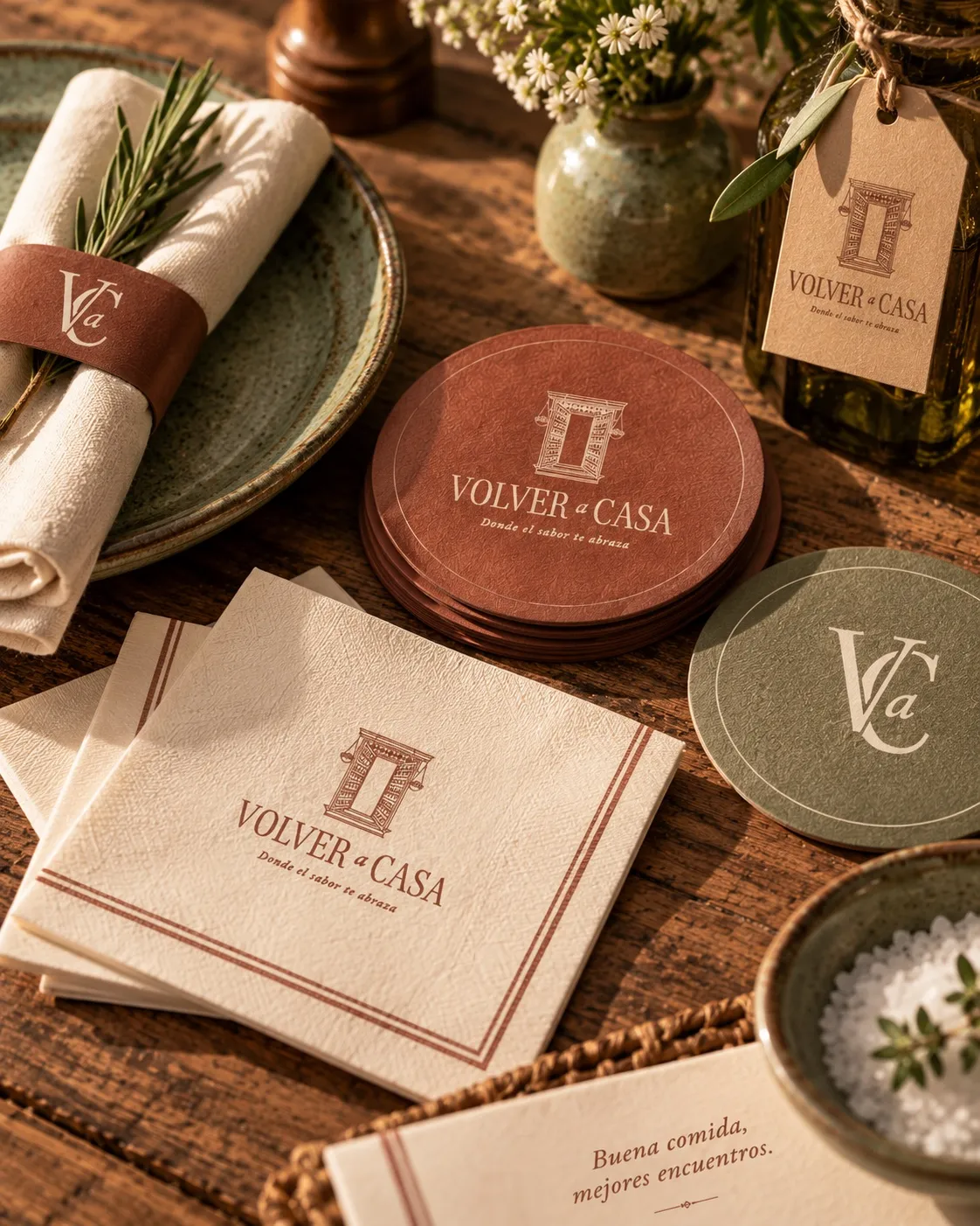 Volver a Casa napkins, plates and tag on a rustic table