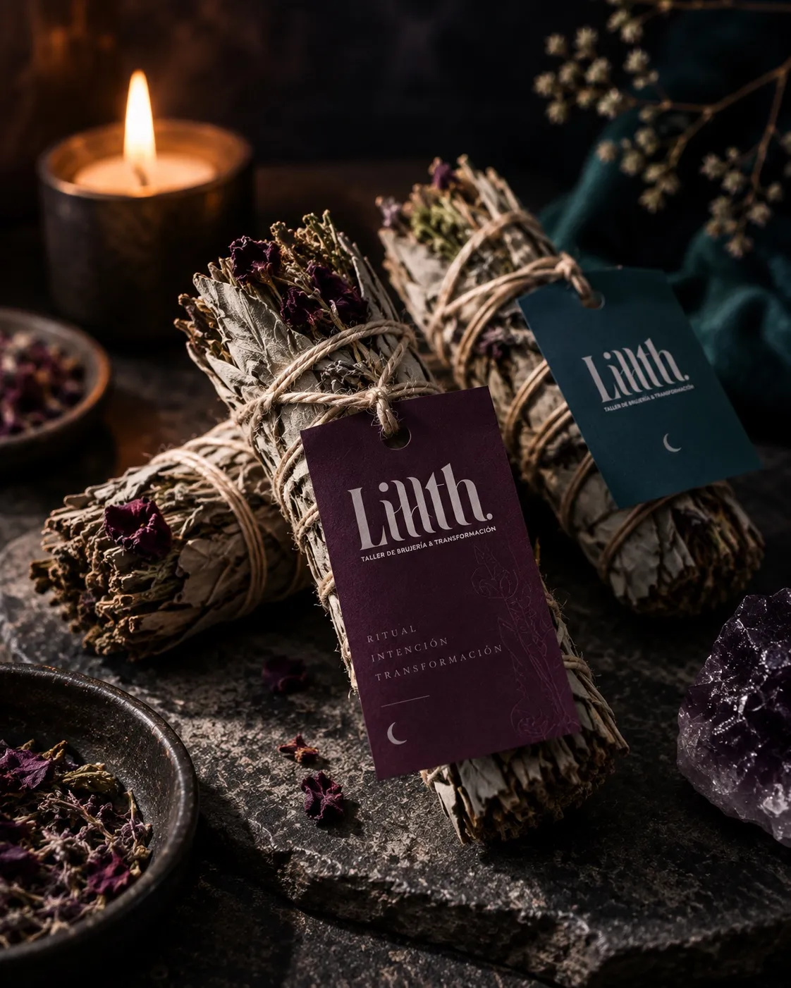 Sage, Lilith card and crystals amid smoke