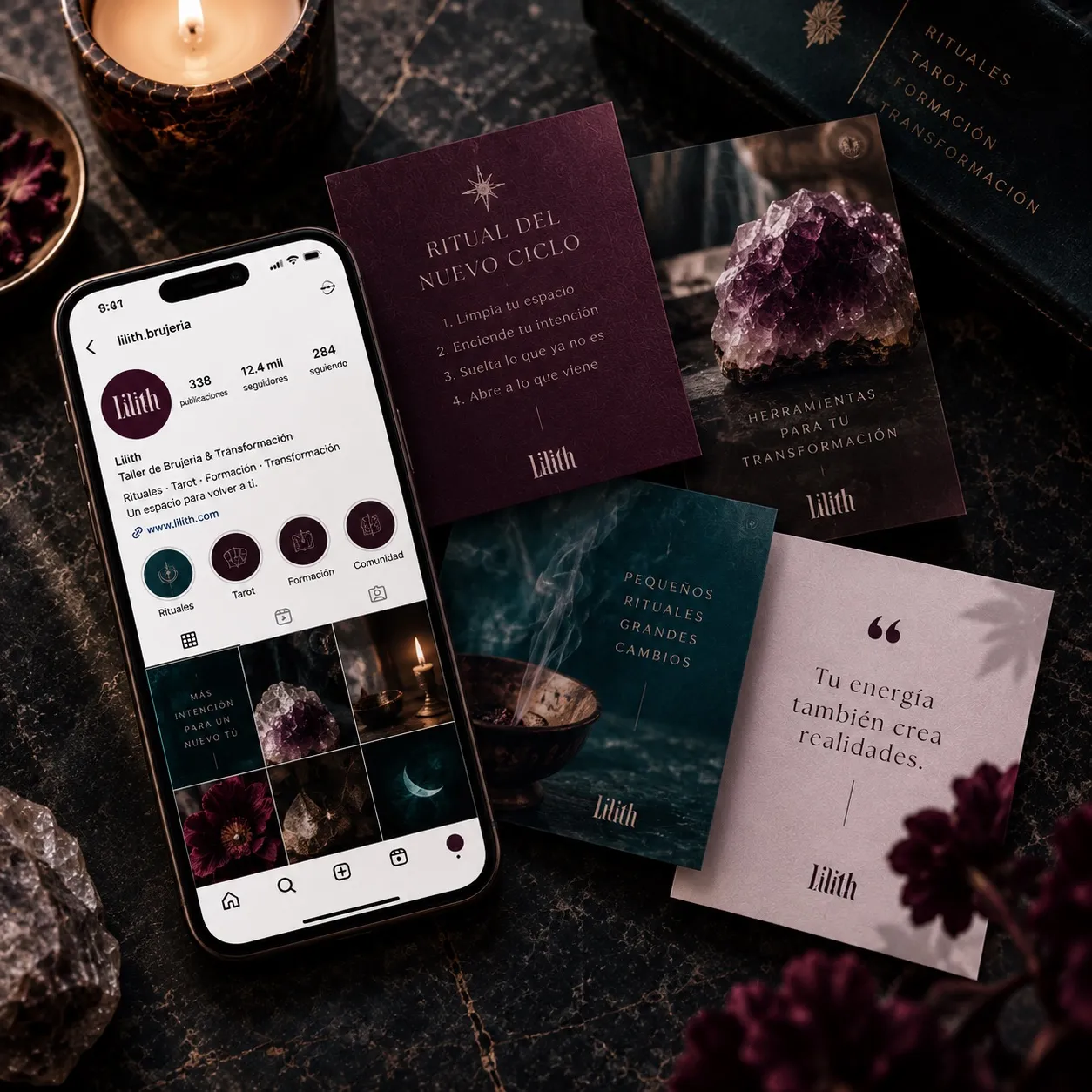 Lilith Instagram profile and cards on dark stone