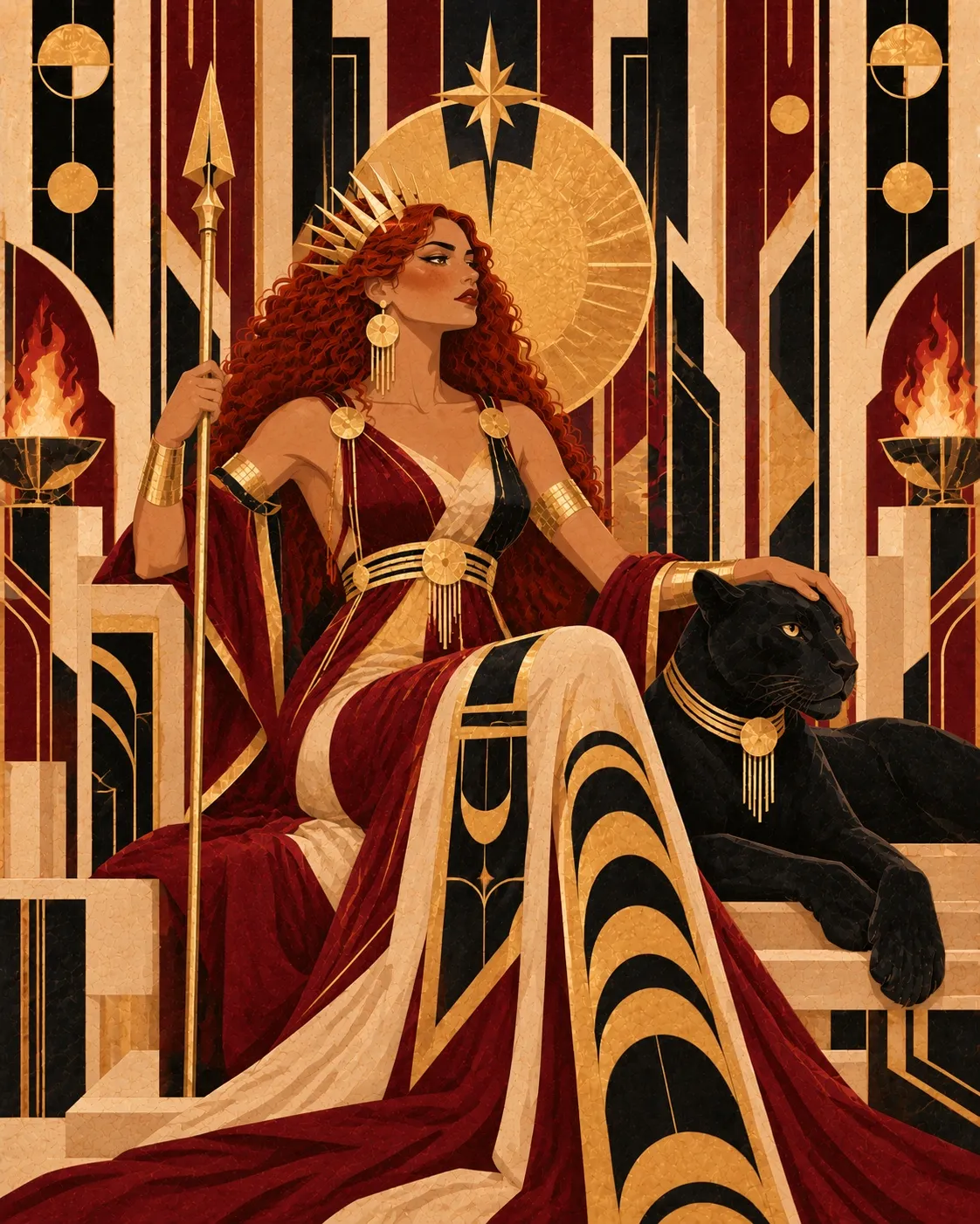 La Rebelde with red hair and a spear beside a black panther, amid flames and a golden star