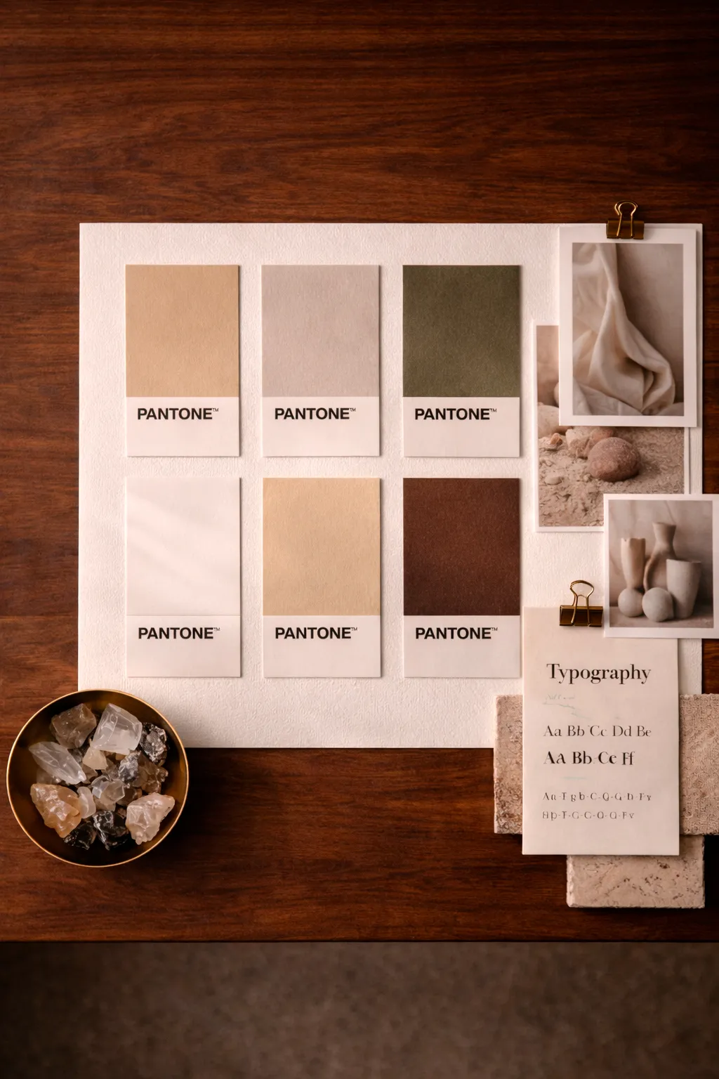 Brand board with color swatches, photographic references and a typography sample on a wooden table