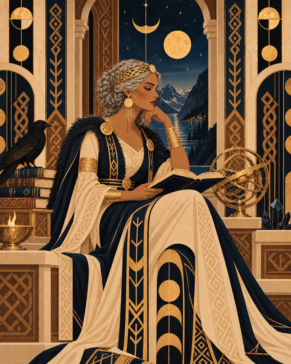 La Sabia reading a book beside a raven and an armillary sphere, with a night lake behind her, in a navy and ivory robe