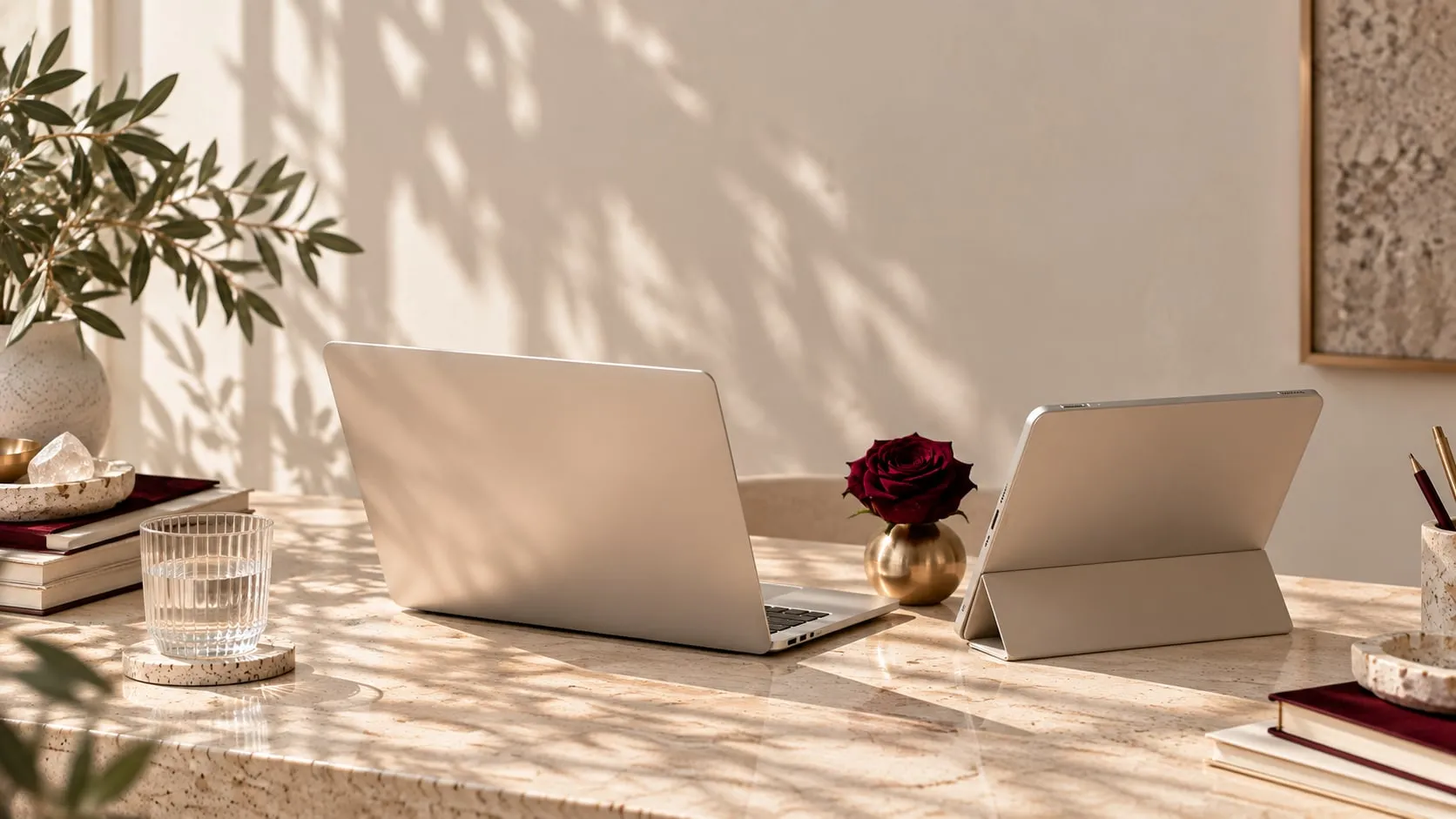 Laptop and tablet on a stone table in natural light
