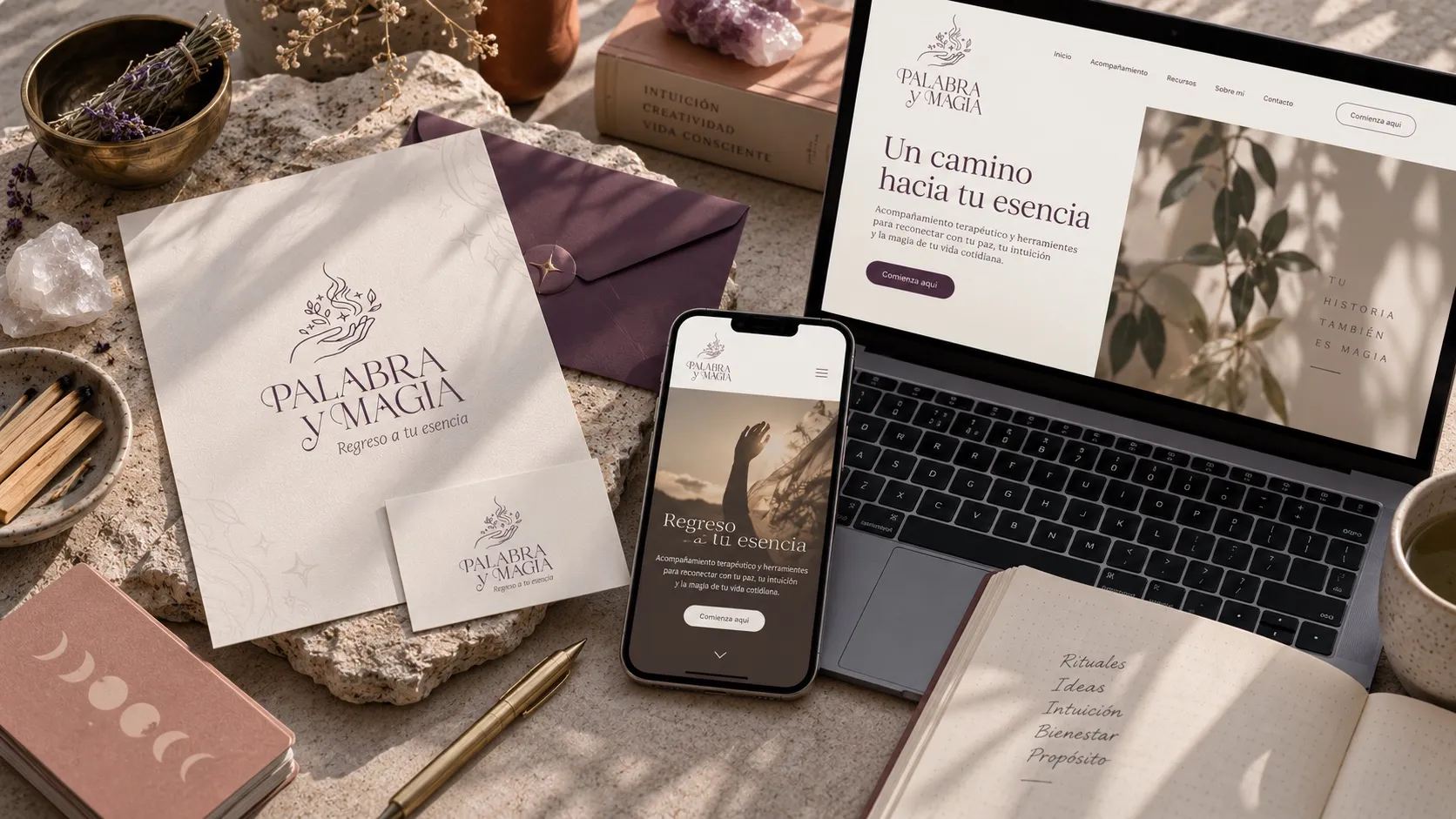 Palabra y Magia website on laptop and phone beside envelopes and a notebook