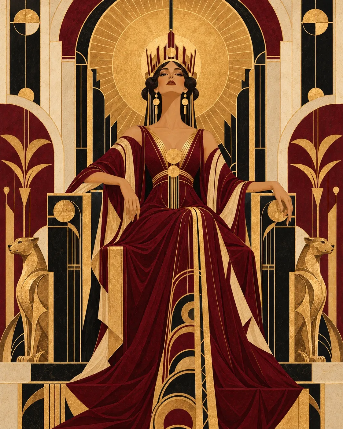 La Soberana seated on an Art Deco throne with a crown and golden halo, dressed in wine red between two golden panthers