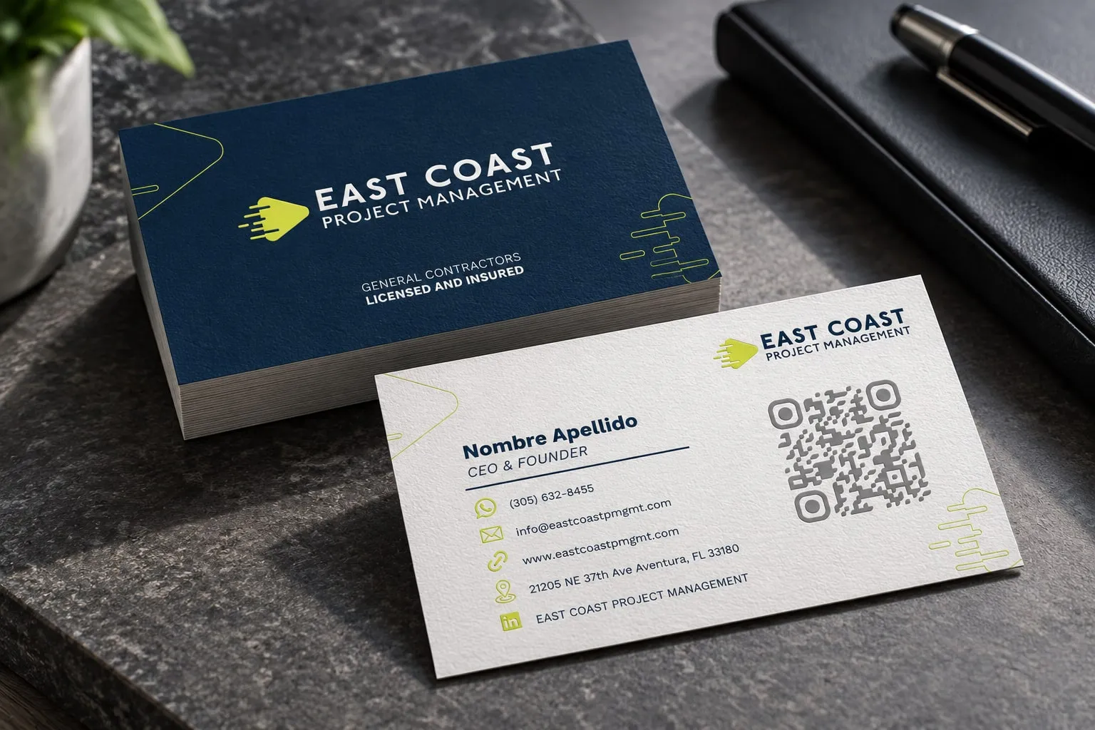 East Coast Project Management business cards in blue and white
