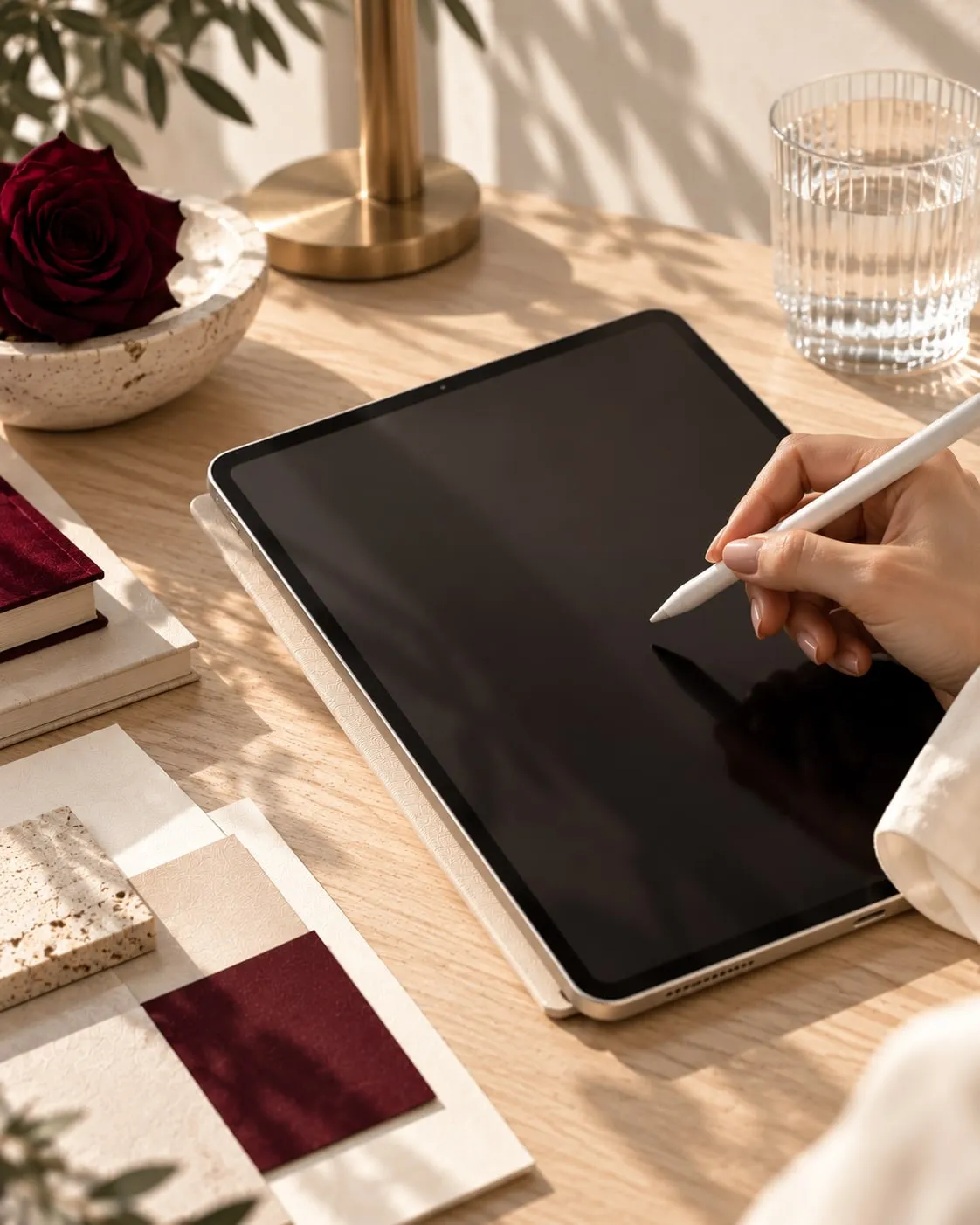 Hand drawing on a tablet beside burgundy color samples
